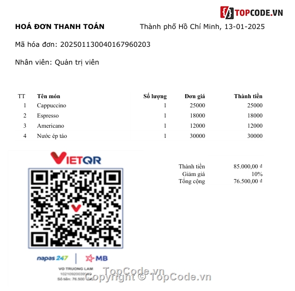 quản lý quán cà phê,Winforms,.NET,Đề án bài tập lớn,C#,Tích hợp QR